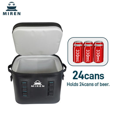Il soft cooler nero da 24 lattine è perfetto per i picnic all'aria aperta e la pesca.